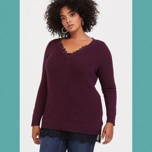 Torrid Burgundy Cotton V-Neck Lace Trim Sweater